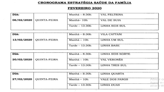 Cronograma Estratégia Saúde da Família Mês de Fevereiro 2020